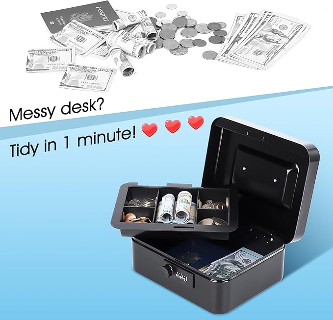KYODOLED Metal Cash Box with Combination Lock & Money Tray - Secure Safe for Home, Office & Events, Ideal for Cash, Meds & Small Items, 7.87" x 6.30" x 3.35", Black, 2PACK