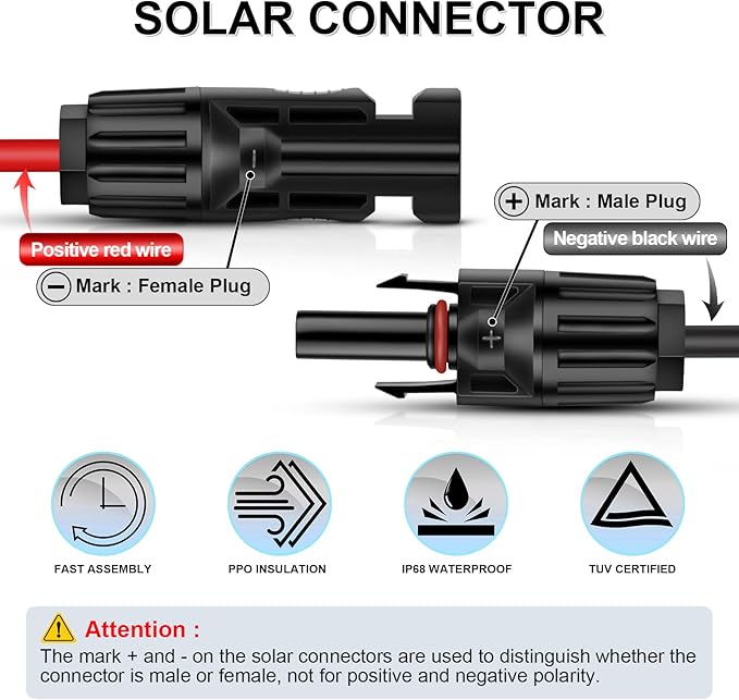 iGreely 20 Feet 12AWG Solar Extension Cable with Solar Panel Female and Male Connector Solar Panel Adapter 12 Gauge (20FT Red + 20FT Black)