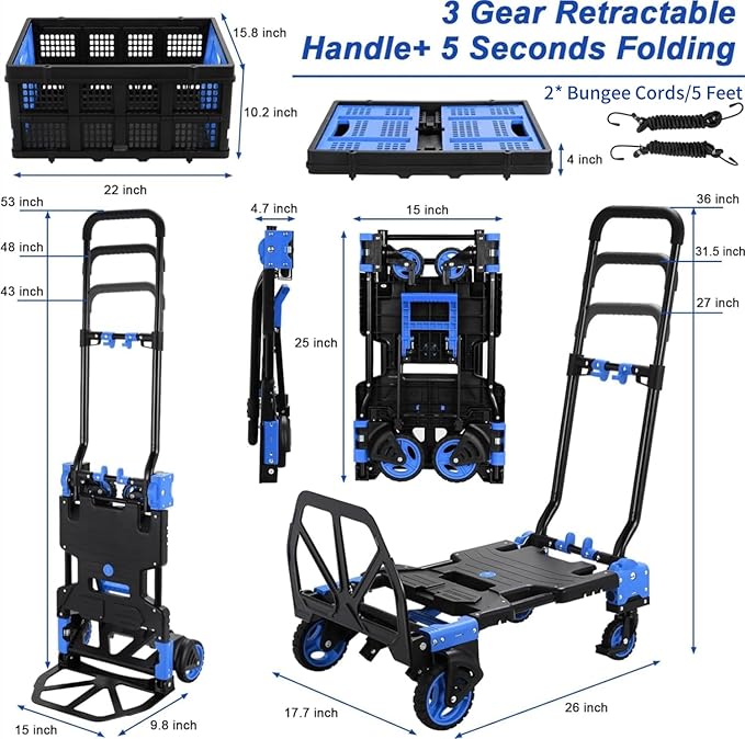 2-in-1Hand Truck Dolly Foldable with Folding Basket, 330LB Folding Hand Truck Heavy Duty Carrying, Combination of 4 Wheels and 2 Wheels Convertible Dolly Cart with Retractable Handle Cart for Moving