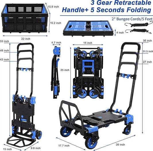2-in-1Hand Truck Dolly Foldable with Folding Basket, 330LB Folding Hand Truck Heavy Duty Carrying, Combination of 4 Wheels and 2 Wheels Convertible Dolly Cart with Retractable Handle Cart for Moving