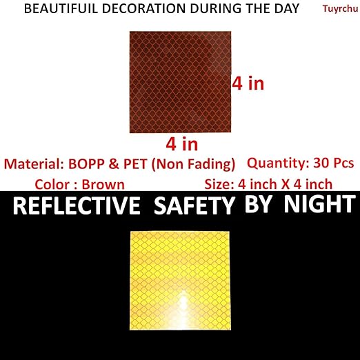 Brown Reflective Stickers 4 inch X 4 inch, Outdoor Waterproof High Visibility Warning Safety Adhesive Reflector Tape (30 Pcs)