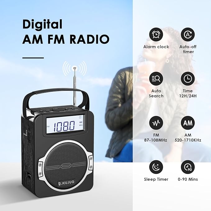 Radio Portable AM FM Digital Radios Clock Radio with Bluetooth 5 Watts Loud Speaker Rechargeable AM FM Radios Plug in Wall Battery Operated Best Reception for Home Outdoor Great Gift Black