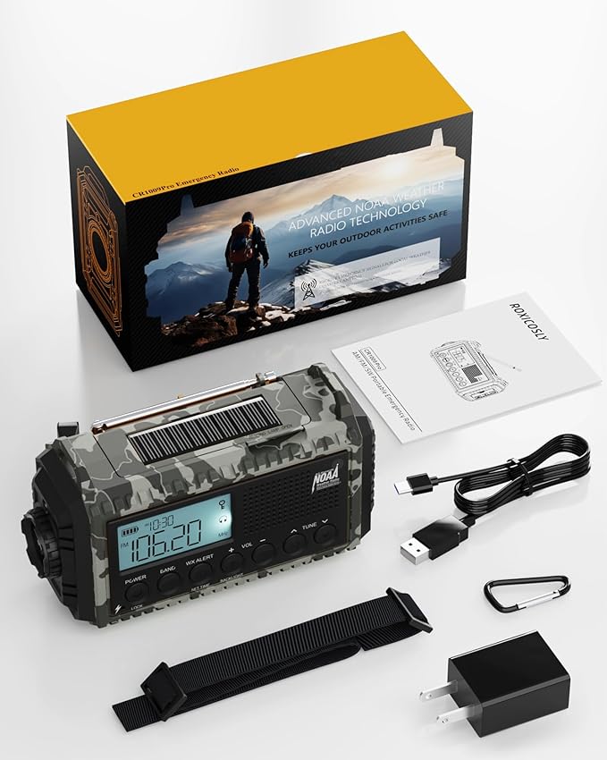 Emergency Radio, Real 12000mAh Long Lasting, Hand Crank for Emergency Power, AM/FM/SW/ 7 NOAA Weather Bands,SOS, Cell Phone Charger, Bright Flashlight, Portable Solar Radio for Outdoor/Survival Kit