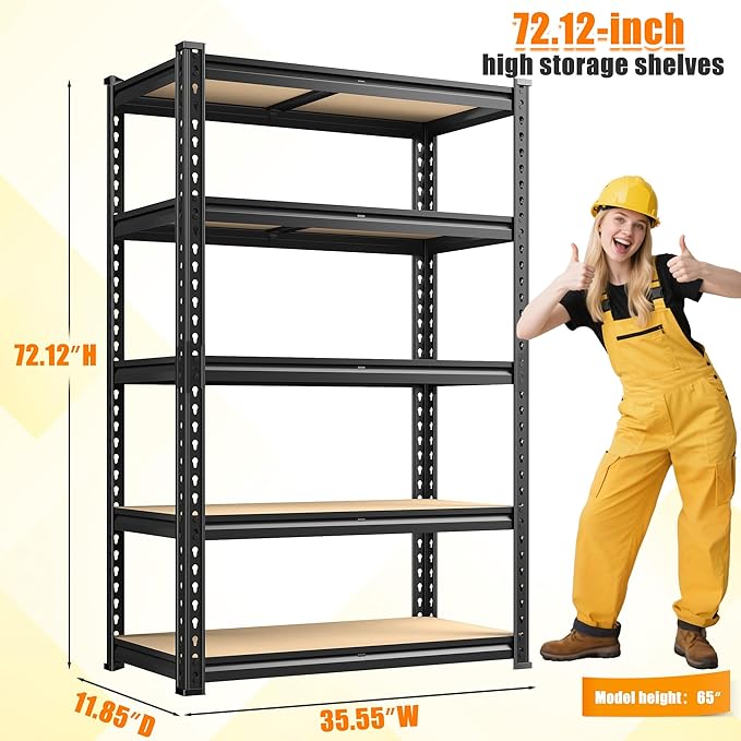 72.12" H Garage Shelving, Storage Shelves Load 2100LBS, 5-Tier Adjustable Shelving Unit with Thickened Wooden Boards for Multiple Scenarios, 72.12" H x 35.55" W x 11.85" D, Black, 4 Pack