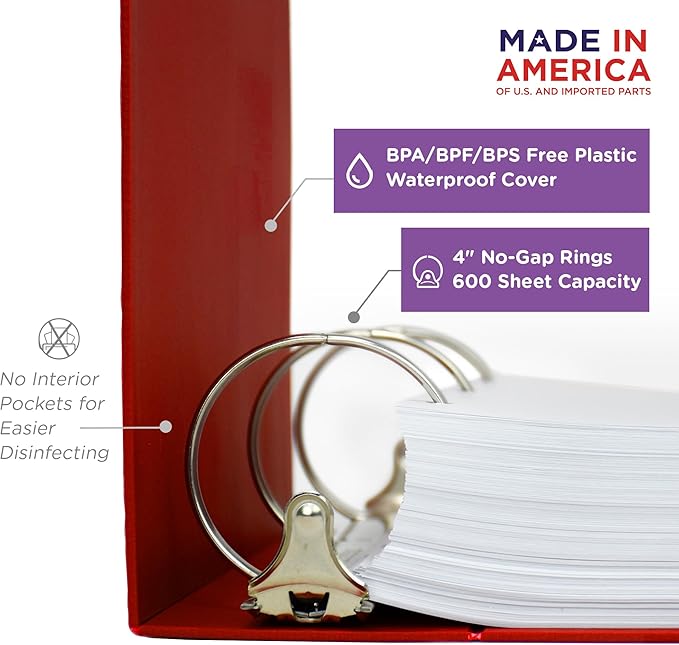 Carstens 4-Inch Heavy Duty Emergency Plans Round Ring Binder – Side Opening, Brick Red, Case of 10, Durable Plastic, No Pockets, Holds 600 Sheets, Made in USA (1891-3RCS)