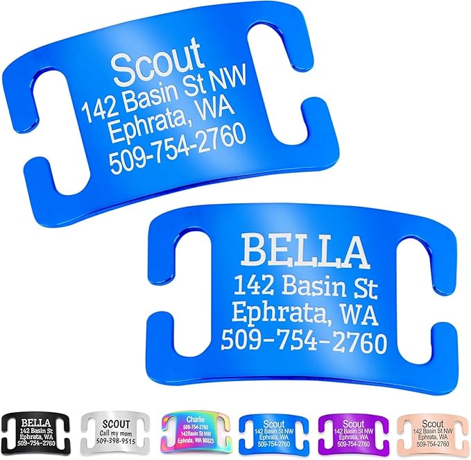 GoTags Slide-On Pet ID Tags, Curved Personalized Dog and Cat, Silent, No Noise Stainless Steel, Custom Engraved in 4 Sizes for Large and Small Pets, Blue