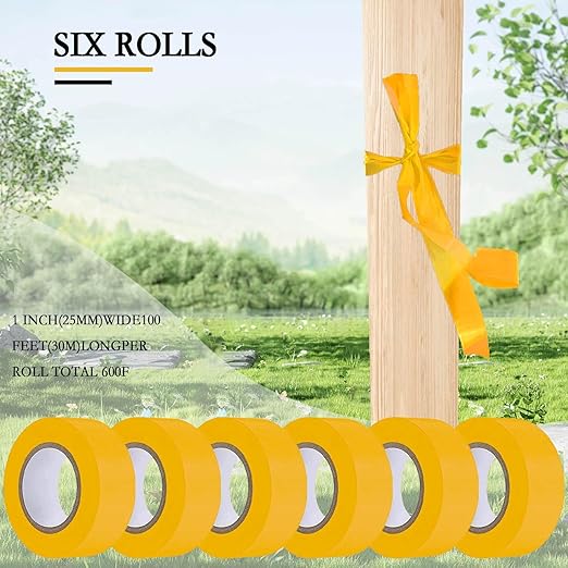 6 Pack Earth-Yellow Flagging Tape, Non-Adhesive Plastic Ribbon Neon Marking Roll, 1"*600ft, Marking Tape for Tree Marking, Hunting, Boundaries and Hazardous Areas,Trail Marking