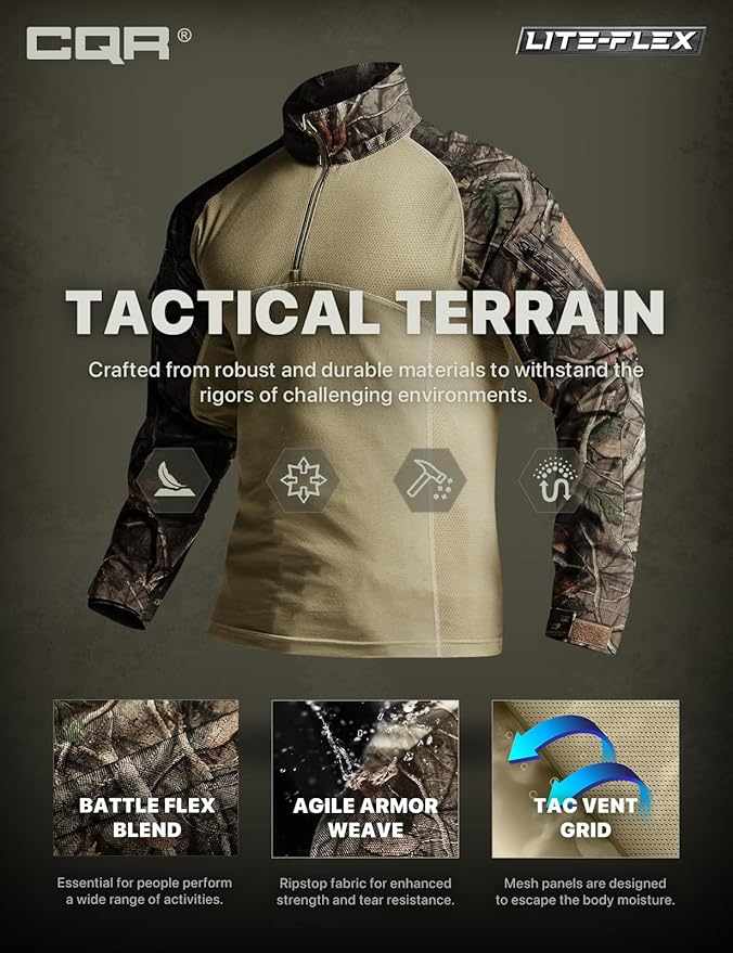 CQR Men's Combat Shirt Tactical 1/4 Zip Long Sleeve Military BDU Shirts Camo EDC Top with Pockets