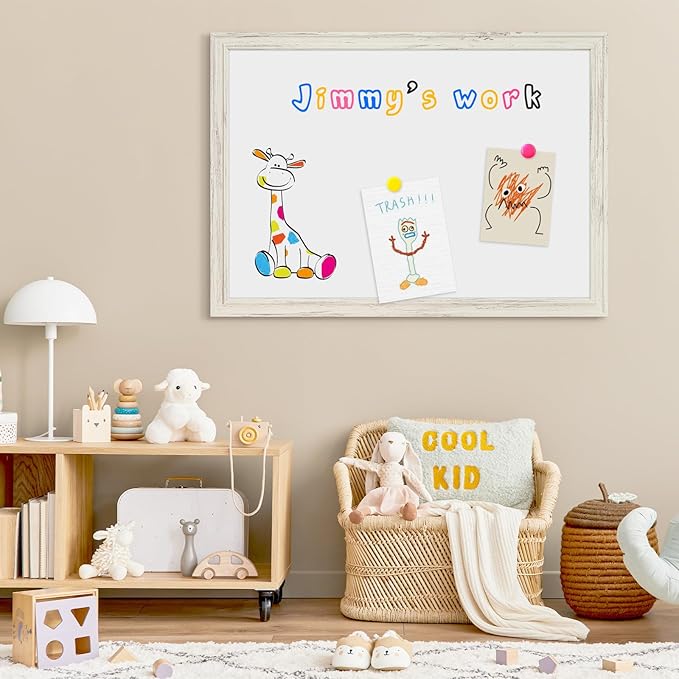 4 THOUGHT Dry Erase Board, 24 x 36 in Magnetic Whiteboard White Vintage Wood Frame Wall-Mounted White Board Decorative Notice Board for School, Office, Home, 8 Magnets 4 Markers 1 Eraser