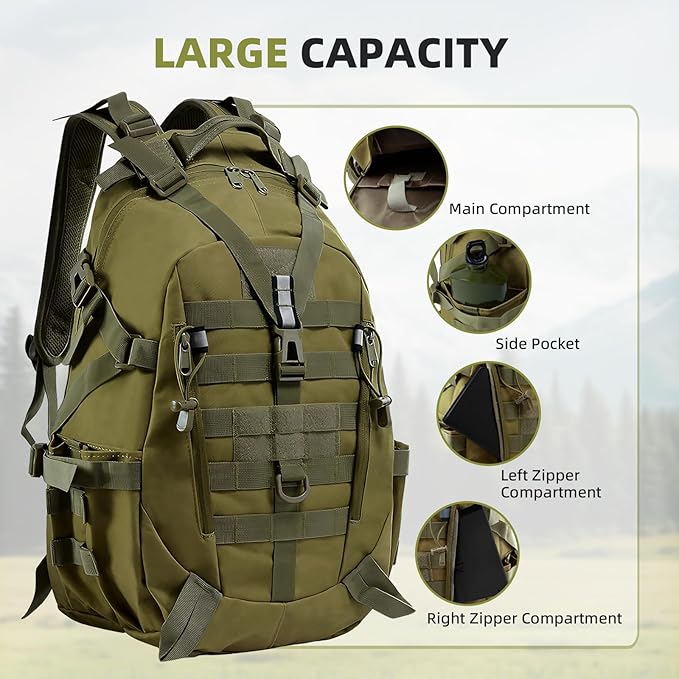 aiGear 25L Waterproof Tactical Backpack - Military Molle Assault Backpack for Men, 3-Day Combat Backpack with Water Bottle Holder
