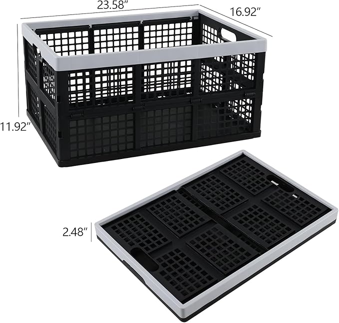 66 L Large Stackable Storage Crates, Black Plastic Collapsible Storage Basket, 4 Pack