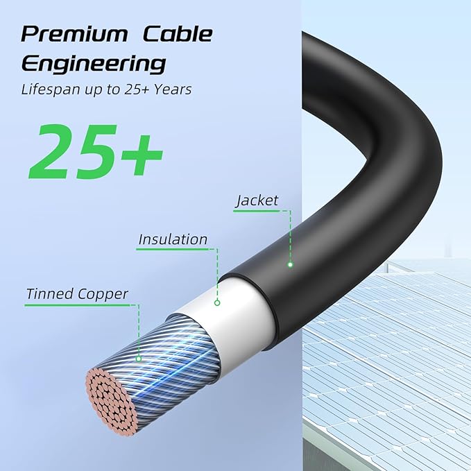 50FT 12AWG Solar Panel Extension Cable, Bateria Power 12 Gauge PV Wire with Female & Male Waterproof Connectors for RV, Photovoltaic Systems, Set of 2