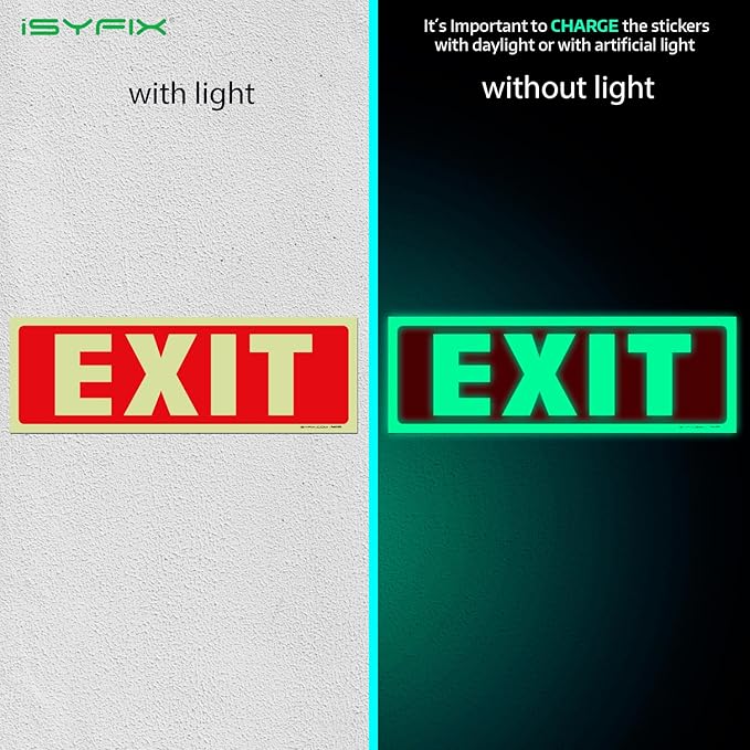 iSYFIX Exit Glow in the Dark Sign Stickers – 12 Pack 12x4 Inch – Photoluminescent Vinyl, Laminated for UV, Weather & Fade Resistance, Indoor & Outdoor for Business, School, Office, Warehouse