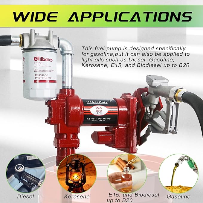12V Fuel Transfer Pump w/Manual Nozzle, 20 GPM High Flow DC Diesel Transfer Pump, Gas Heavy Duty Transfer Pump with Filter for Gasoline, Diesel, Kerosene, Biodiesel and More