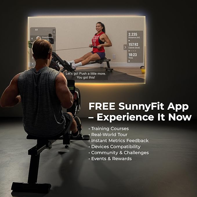 Sunny Health & Fitness Premium Smart Air & Magnetic Resistance Rowing Machine, Foldable Long Silding Rail Exercise Rower for Home Training, Optional Free SunnyFit App Connection