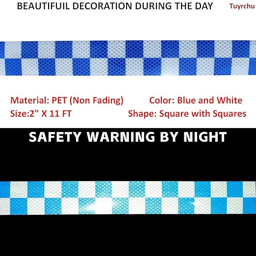 Reflective Tape Blue White 2 inch Wide, Outdoor Waterproof High Visibility Hazard Warning Industrial Marking Tape (11 feet)