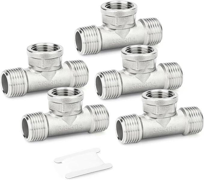 TAISHER 5PCS 304 Stainless Steel Tee Pipe Fittings, 3/8" NPT Male x 3/8" NPT Female x 3/8" NPT Male Pipe Fittings, Female Branch Tee
