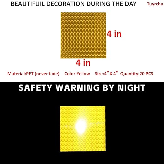 Non Fading Yellow Reflective Stickers 4 inch X 4 inch, Outdoor Waterproof High Visibility Warning Safety Adhesive Reflector Tape (20 Pcs)