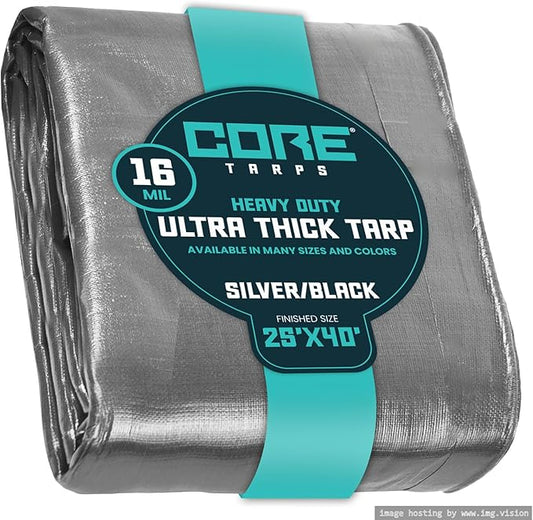 Core Tarps Extra Heavy Duty 16 Mil Tarp Cover, Waterproof, UV Resistant, Rip and Tear Proof, Poly Tarpaulin with Reinforced Edges for Roof, Camping, Patio, Pool, Boat (Silver/Black 25′ X 40′)