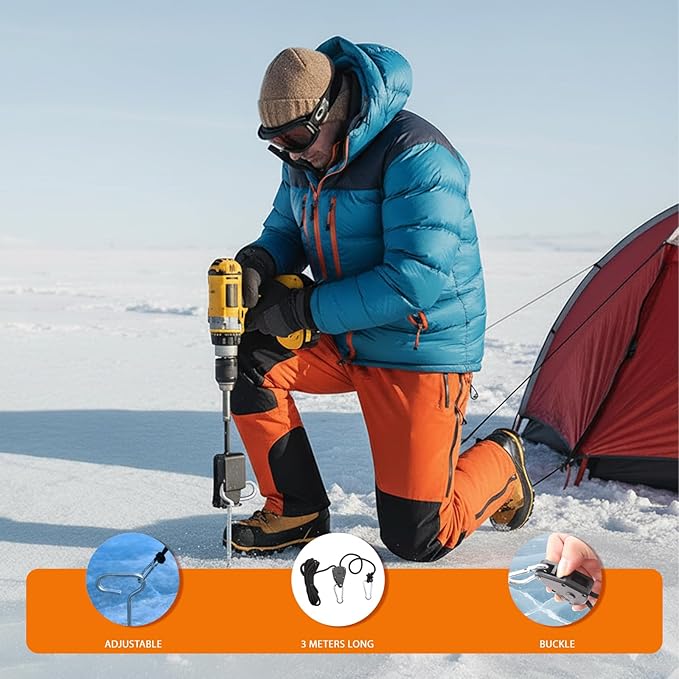 15 Pcs Ice Fishing Anchor Tool Kit – Includes 6 Ice Tent Stakes, 6 Adjustable Rope Hangers (118" Length), Ice Anchor Drill Adapter with 1/4" Adapter Head Storage Bag for Ice Fishing Shelters Tents
