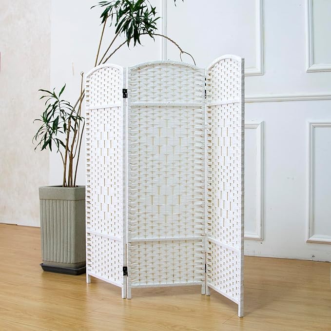 3 Panel Rattan Divider Short Room Partition Screen,Double Sided Folding Divider for Room Separation,White,47.2" H x 47.2" W
