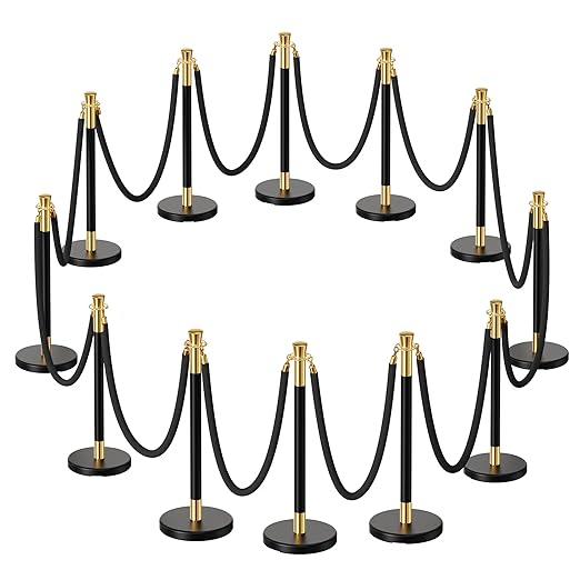 12pcs Sturdy Stanchion Posts, 12pcs High Quality Black Velvet Ropes, Water/Sand/Concrete Fillable Leakproof Base, Crowd Control Barriers for Birthday, Prom, Business, Wedding, Red Carpet