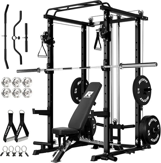 RitFit Multi-Function Squat Rack Power Cage PPC-P3 with Cable Crossover System, 1200LBS Capacity Power Rack and Packages with Optional Weight Bench, Barbell Weight Set, for Garage Workout & Home Gym