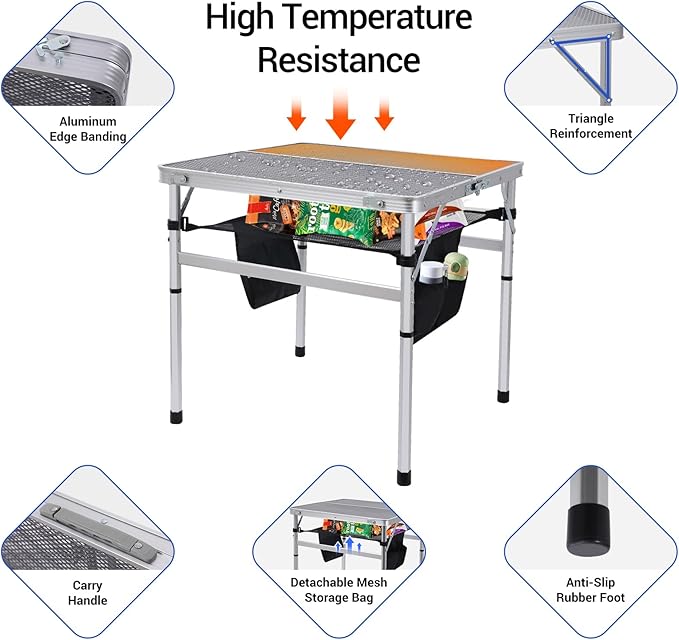 C Square Folding Height Adjustable Aluminum Table - 23.6"x23.6" White, Mesh Bag, Carry Handle, Ideal for Grill, Camping, Outdoor, Card Games
