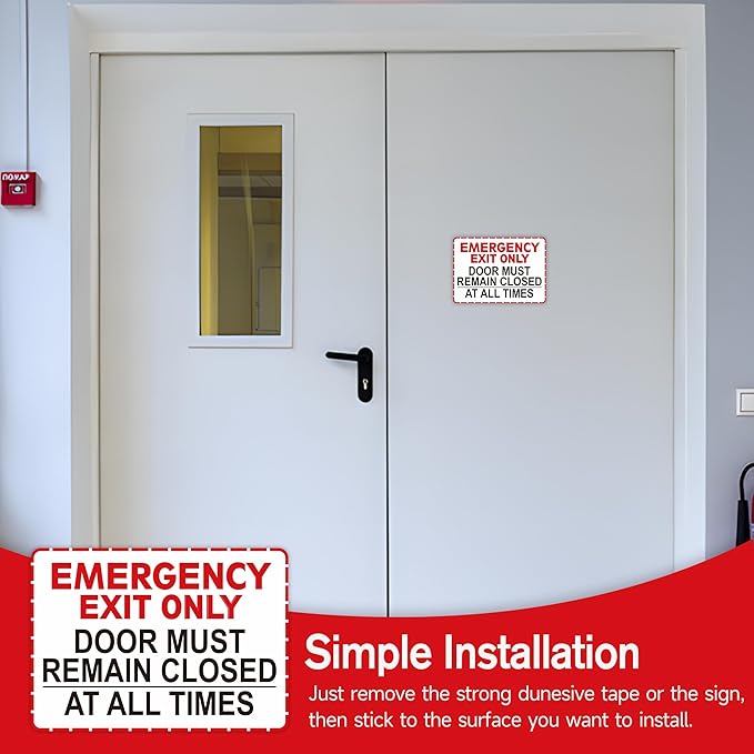 Emergency Exit Only Signs Sticker，Self Adhesive UV, Weather, Scratch, Water & Fade Resistant Door Must Remain Closed At All Times sign for Business, Schools, Offices, Storage Rooms, Hospitals