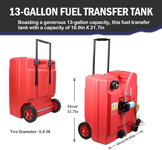 13 Gallon Portable Fuel Caddy Storage with 12V DC Electric Fuel Transfer Pump, Portable Fuel Tank for Gasoline, Diesel, Kerosene & More
