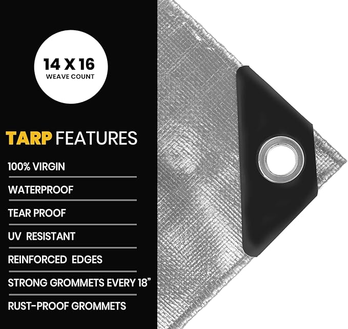 PROTARP Extra Heavy Duty 16 Mil Tarp Cover, Waterproof, UV Resistant, Rip and Tear Proof, Poly Tarpaulin with Reinforced Edges for Roof, Camping, Patio, Pool, Boat. (Silver/Black 50′ X 50′)