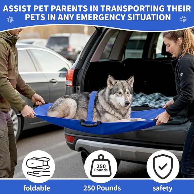Geiserailie Blue Transport Stretcher for Large Dogs with 6 Handles 47" L x 29" W Animal Folding Emergency Transport Carrier with Safety Strap, Max 250lbs