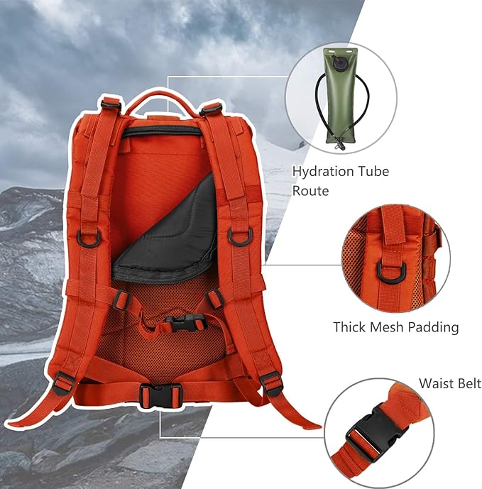 MOLLE Assault Backpack, Tactical Backpack Military Army Camping Rucksack, 3-Day Pack Trip w/USA Flag Patch, D-Rings, Orange