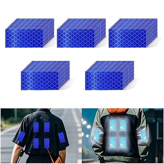 Non Fading Blue Reflective Stickers 1 inch X 2 inch, Outdoor Waterproof High Visibility Warning Safety Adhesive Reflector Tape (50 Pcs)