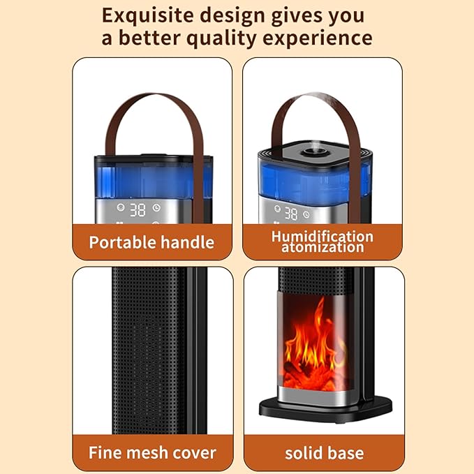 Space Heater Indoor, 25" 1500W PTC Ceramic Heater with atomization and humidification function, 3 Modes, 3D Flame, 12H Timer, 45° Oscillating, with Remote, Tower Heater for Office Bedroom