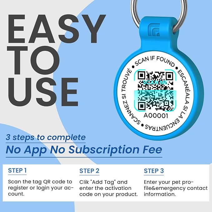 Silicone Dog Tags Personalized for Pets with QR Code, Emergency Contact Info, Anti-Lost, Scan Location Alerts(Blue-L)