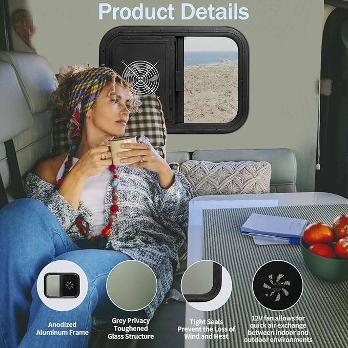 20"x14" RV Window with 12V Electric Fan - Horizontal Sliding Design, DOT Certified Tempered Glass, Aluminum Frame & Trim Kit