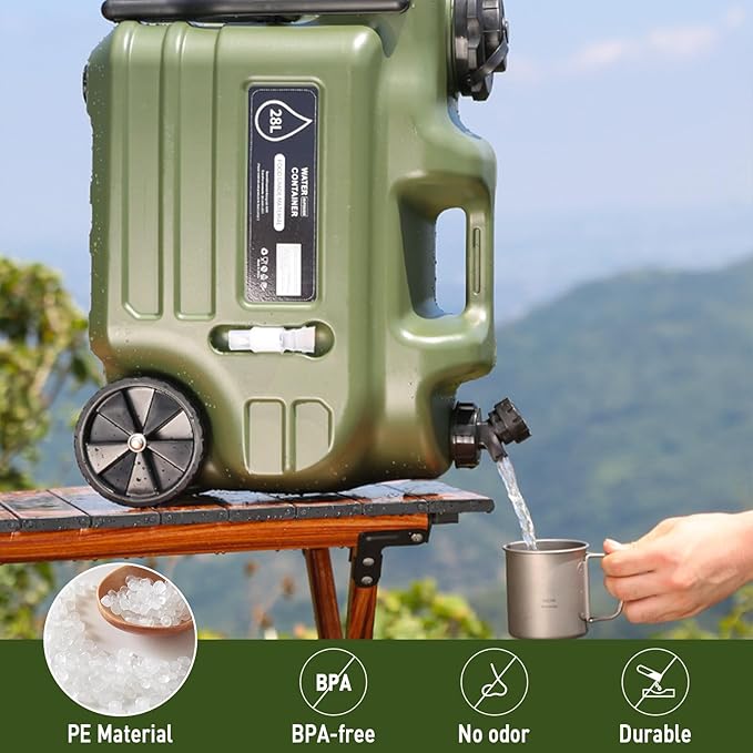 7.4 Gallon Water Jug,Camping Water Container with Wheel、Pull Rod,BPA-Free with Spigot Cleaning,Brush Military Green Tank Portable,Suitable for Outdoor Camping and Hiking