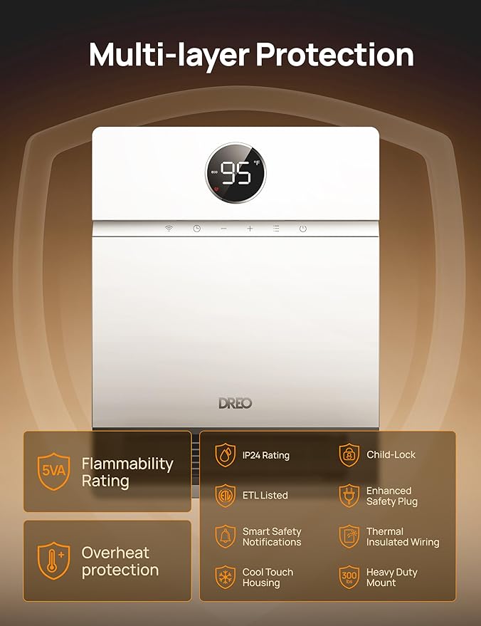 Dreo Smart Wall Heater, IP24 Electric PTC Space Heaters for Indoor Use, 30° Oscillation, Adjustable Thermostat, Remote Control, Works with Alexa, 24H Timer, Easy-mounted for Office, Bedroom, Home