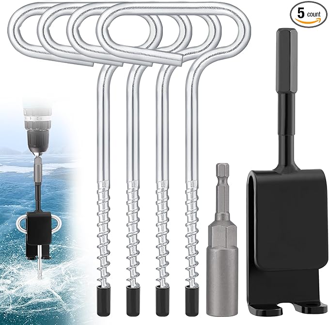 MADHOLLY Universal Ice Anchor Tool- Ice Anchor Drill Adapter Kit, 4 Ice Fishing Shelter Stake Nail 1/4" Adapter Head for Ice Insert Sewing- Ice Shanty Anchors for Setting Up Shelter Tent Dad Gifts