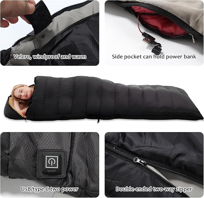 Heated Sleeping Bag for Adults, Electric Warm Bag with 3 Adjustable Heating Levels, USB Powered Heating Pads Adjustable Hood, 0 Degree Sleeping Bag Keep Warm for Cold Weather Camping Outdoor Hiking