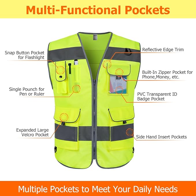 TCCFCCT Safety Vest for Men Women 9 Pockets High Visibility Reflective Vest for Safety, Work Vest with Reflective Strips, Meets ANSI/ISEA Standards, (Yellow, X-Large)