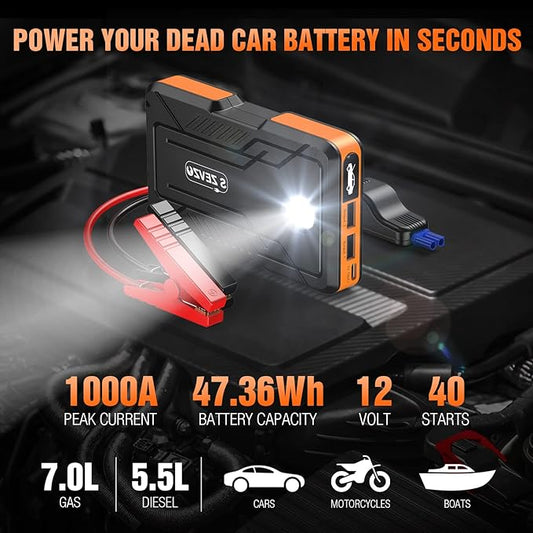 S ZEVZO Jump Starter 1000A Peak Portable Jump Starter for Car (Up to 7.0L Gas/5.5L Diesel Engine) 12V Auto Battery Booster Pack with Smart Clamp Cables, USB Charge, LED Flashlight Jump Box