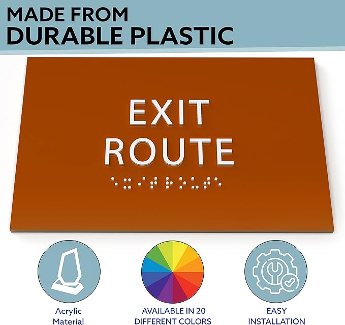 6" X4" Exit Route Sign- Tactile Graphics Grade 2 Braille Text | Modern Utility Wall Mount ADA Compliant Plastic Signs For Schools, Offices, Businesses, Apartments & Restaurants