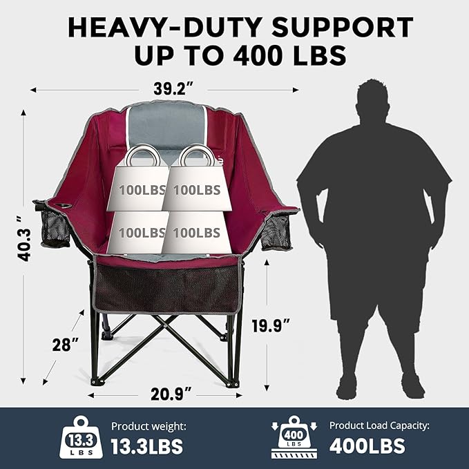 Oversized Folding Camping Chair for Adults Heavy Duty Padded Outdoor Chairs Big and Tall XL Picnic Chair with Cup Holders 400lb Capacity, Comfy for Lawn Sports and Outside Use