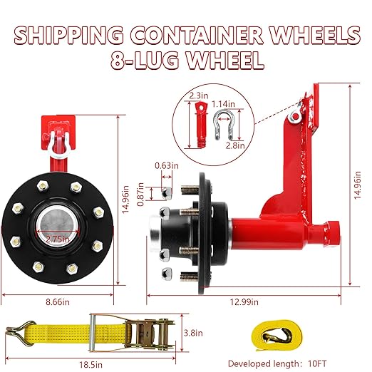 Shipping Container Wheel Kit, Ratchet Straps & Shackles,Shipping Container Accessories,8-Lug Wheels with Heavy-Duty Axles,Heavy-Duty Mobility for 20ft & 40ft Empty Containers