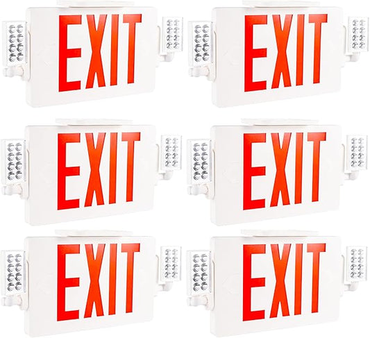 Gruenlich LED Combo Exit Sign, Emergency Light with 2 Adjustable Heads and Double Face, Back Up Batteries- US Standard Red Letter EXIT, UL 924 Qualified, 120-277 Voltage, 6-Pack