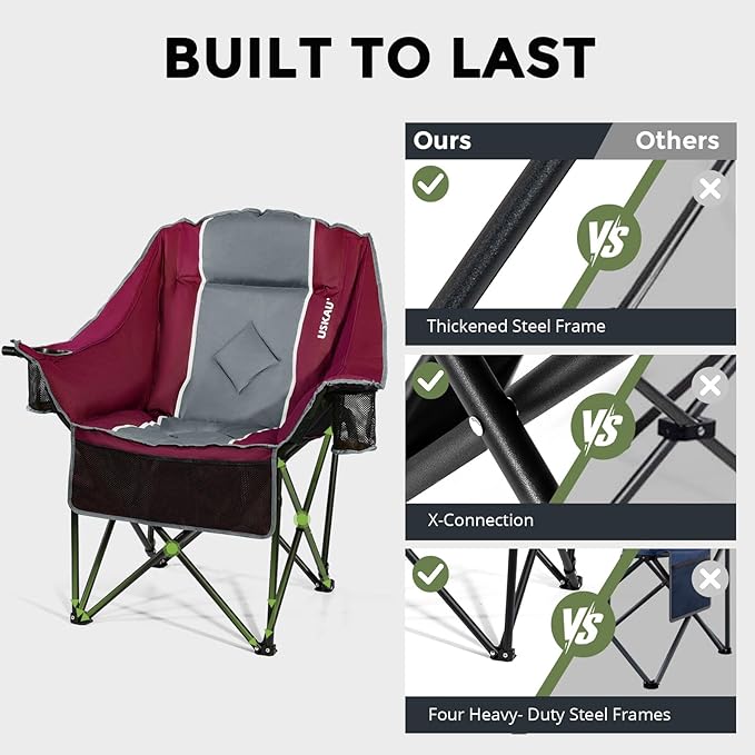 Oversized Folding Camping Chair for Adults Heavy Duty Padded Outdoor Chairs Big and Tall XL Picnic Chair with Cup Holders 400lb Capacity, Comfy for Lawn Sports and Outside Use