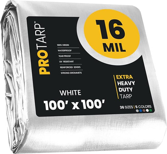 PROTARP Extra Heavy Duty 16 Mil Tarp Cover, Waterproof, UV Resistant, Rip and Tear Proof, Poly Tarpaulin with Reinforced Edges for Roof, Camping, Patio, Pool, Boat. (White 100′ X 100′)