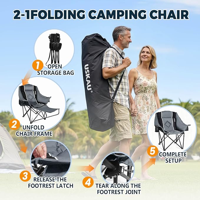 Camping Chair with Removable Footrest, Oversized Outdoor Chair with Headrest & Cup Holders, 400lb Capacity Lawn Chair for Sports Backyard Fishing